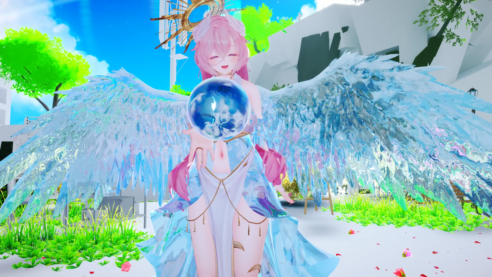 DeepFrostIceを適用した氷の球体を手にし、氷の翼を広げたピンク髪の天使アバター。VRChatワールド内で撮影した実機スクリーンショット。