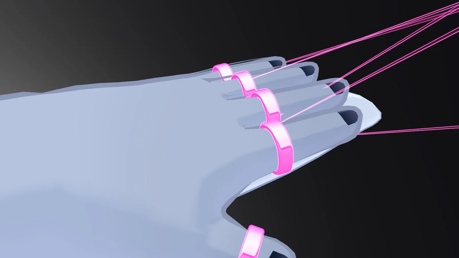 発射後、全体が桃色に発光した指輪のアップ。指先から細い糸が伸びている。